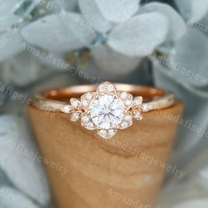 Moissaniet verlovingsring vintage diamanten bloemenring roségouden verlovingsring Unieke clusterring Bruidsverjaardag beloftering voor haar