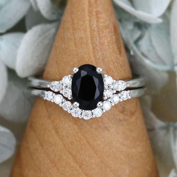 Oval cut Black Sapphire engagement ring set white gold Moissanite/Diamond vintage curved ring set Unique Bridal set Anniversary promise gift