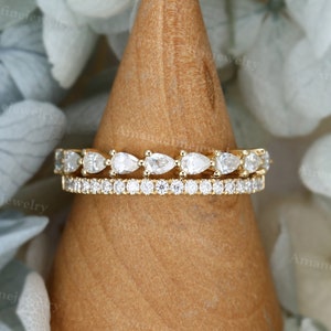 Esclusiva fede nuziale in moissanite, fede nuziale doppia a forma di pera in oro giallo vintage, set di anelli di promessa per l&#39;anniversario di matrimonio abbinati e impilabili.