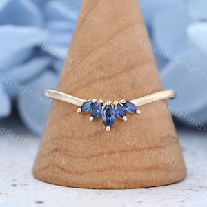 Curved wedding band yellow gold Marquise sapphire wedding band simple Vintage wedding band Unique Matching Stacking Bridal band Anniversary
