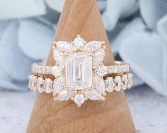 Emerald cut Moissanite engagement ring set yellow gold Unique oval wedding band Art deco Cluster engagement ring Bridal Anniversary ring set