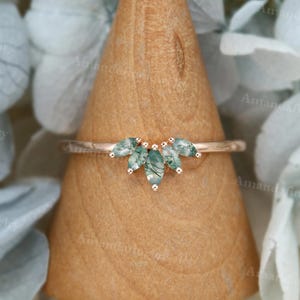 Anillo de bodas curvo de ágata musgosa con corte marquesa, oro rosa macizo, anillo apilable sencillo a juego, anillo de novia, promesa, regalo de aniversario