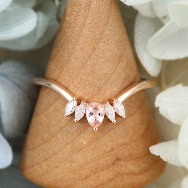 Curved wedding band women Pear shaped Morganite Rose gold wedding band Vintage Unique Marquise cut Moissanite Matching Stacking Bridal band