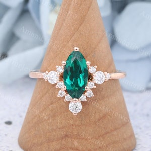 Marquise cut Emerald engagement ring Vintage rose gold wedding ring Unique diamond ring Art deco Bridal ring Promise ring Anniversary gift