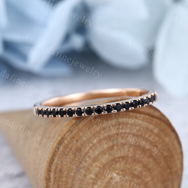 Unique Black Onyx rose gold wedding band Half eternity wedding band micro pave ring women Stacking ring Matching band Promise gift for her