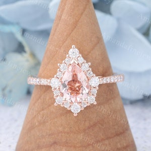Pear shaped Morganite engagement ring rose gold vintage engagement ring halo ring Unique diamond wedding Bridal Anniversary promise ring