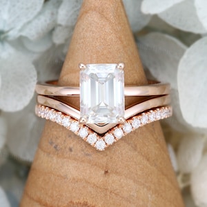 Moissanite engagement ring Set rose gold Emerald cut vintage engagement ring  unique curved wedding Bridal Promise Anniversary gift for her