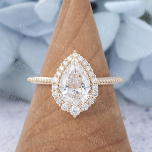 Pear shaped Moissanite engagement ring Vintage yellow gold ring Halo ring Art deco Diamond ring Milgrain ring Promise ring Anniversary gift