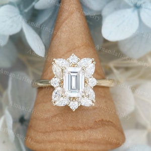Emerald cut Moissanite engagement ring Unique yellow gold ring Diamond cluster ring Vintage marquise cut ring Bridal ring Anniversary gift