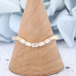 Baguette cut Moissanite Curved wedding band Solid yellow gold wedding band Matching Stacking Ring Bridal ring Promise Anniversary ring