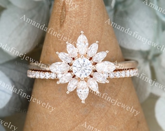 Vintage Moissanite engagement ring set rose gold Marquise Flower ring Unique engagement ring Bridal set Anniversary engagement ring set