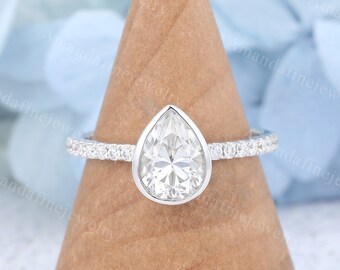 Pear Moissanite engagement ring Unique white gold ring solid gold ring Vintage diamond ring Bridal ring promise ring Anniversary gift