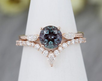 Alexandrite engagement ring set vintage rose gold Unique engagement ring Curved Marquise moissanite Bridal Promise delicate ring set