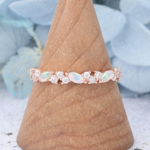 Marquise cut Natural Opal wedding band Rose gold moissanite wedding band vintage half eternity wedding band Matching Stacking Bridal ring