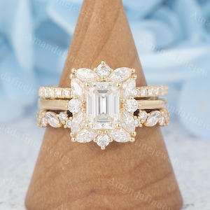 3 st smaragdslipade moissanitförlovningsringar Vintage gult guldring Unik Halo-ring Klusterring Art déco-brudset Jubileumspresent