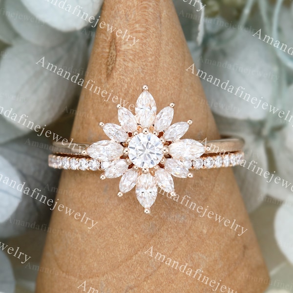 Vintage Moissanite engagement ring set rose gold Marquise Flower ring Unique engagement ring Bridal set Anniversary engagement ring set