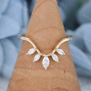 Curved wedding band yellow gold Marquise cut Diamond wedding band simple Vintage Unique Moissanite Matching Stacking Bridal Anniversary band