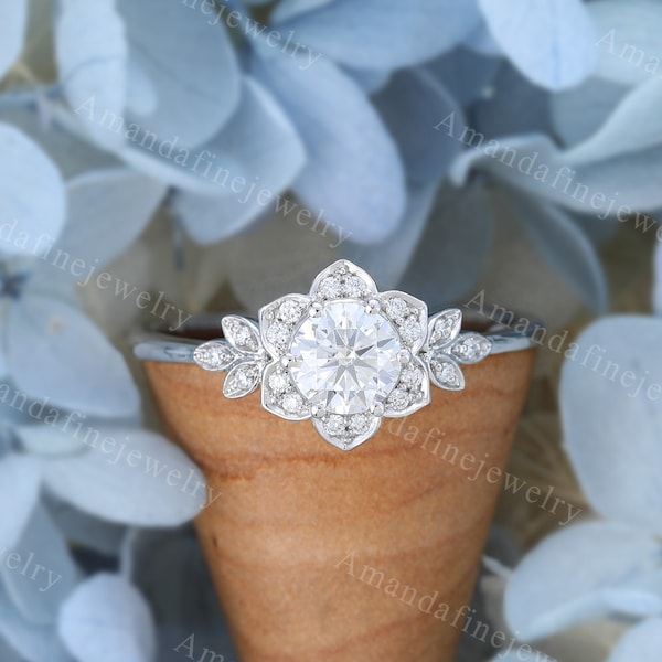 Moissanite engagement ring vintage Diamond cluster ring white gold engagement ring Unique Flower Bridal Anniversary gift promise ring