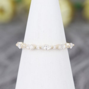 Marquise cut Moissanite wedding band Yellow gold wedding band Vintage Unique Half eternity Stacking ring Matching Promise anniversary gift