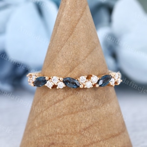 Marquise London blue topaz wedding band Rose gold moissanite wedding band vintage half eternity wedding band Matching Stacking Bridal ring