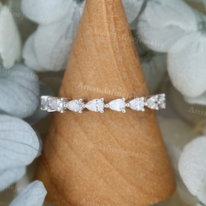 14k White gold wedding band Unique Half eternity Pear shaped Moissanite wedding band Vintage Matching Stacking Bridal Promise dainty band