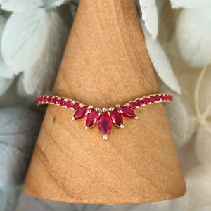 Marquise cut Ruby wedding band vintage yellow gold Curved wedding band manmade band Unique Matching Stacking ring Bridal set Promise band