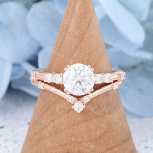 Moissanite engagement ring set Vintage rose gold engagement ring set Unique diamond ring Bridal set promise ring anniversary gift for her