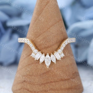 Curved wedding band Vintage Yellow gold Marquise diamond wedding band simple Unique baguette Moissanite Matching Stacking Promise gift