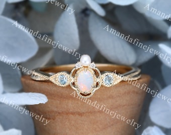 Oval cut Opal engagement ring Vintage yellow gold cluster ring Antique unique pearl /aquamarine ring Bridal diamond promise anniversary ring