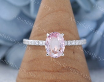 Oval pink sapphire engagement ring white gold Vintage Moissanite/Diamond engagement ring women Half eternity micro pave ring promise gift