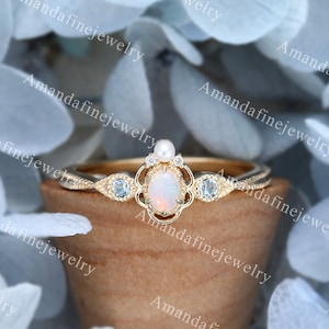 Oval cut Opal engagement ring Vintage yellow gold cluster ring Antique unique pearl /aquamarine ring Bridal diamond promise anniversary ring