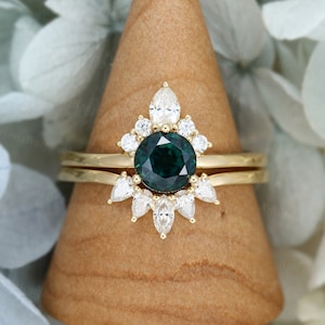 Blue Green sapphire engagement ring14K gold Unique 14k gold engagement ring set vintage moissanite  Curved engagement ring Bridal ring set