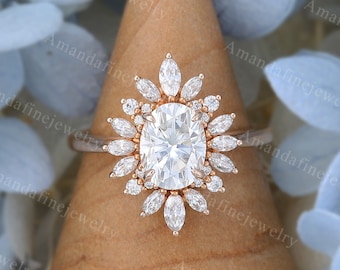 Vintage ovale Moissaniet verlovingsring roségouden Halo diamanten ring Unieke art deco verlovingsring delicate Marquise bruids belofte ring