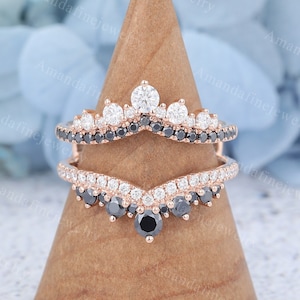 Double Curved wedding band Ring enhancer rose gold Moissanite wedding band Vintage black moissanite ring Matching Stacking ring Bridal ring