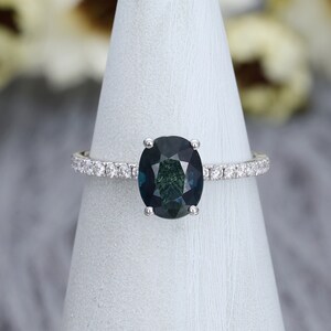 Green Sapphire engagement ring vintage Oval shaped Diamond cluster ring Green Blue Sapphire Ring White gold engagement ring Bridal ring