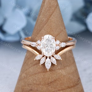 Oval Moissanite engagement ring set Vintage Diamond cluster ring Rose gold Marquise Wedding band Unique Bridal set Promise Anniversary ring