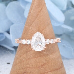Pear Moissanite engagement ring Vintage rose gold engagement ring Unique diamond ring Bridal ring promise ring Anniversary gift
