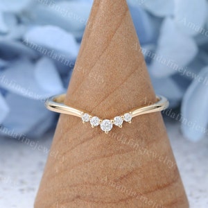 Curved wedding band yellow gold Diamond wedding band simple Vintage Unique Moissanite ring Matching Stacking band Bridal Anniversary band