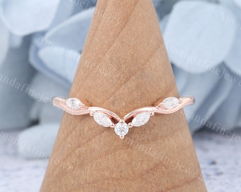 Anillo de boda curvo de oro rosa con diamante talla marquesa, sencillo, vintage, único, moissanita, a juego, apilable, regalo de aniversario nupcial