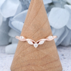 Curved wedding band Rose gold Marquise cut Diamond wedding band simple Vintage Unique Moissanite Matching Stacking Bridal Anniversary gift
