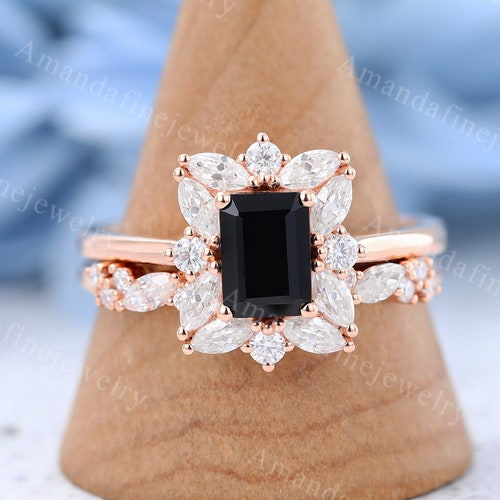 Princess Cut Black Onyx Engagement Ring Set Rose Gold Ring - Etsy