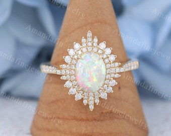 Oval Natural Opal engagement ring vintage 14k gold art deco Halo diamond ring Unique women wedding engagement ring Half eternity bridal ring