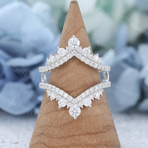 Ring Enhancer White gold wedding band Moissanite wedding band Vintage Unique Matching Stacking ring Bridal Anniversary cluster dainty band