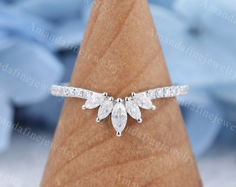 Curved wedding band Marquise moissanite wedding band vintage White gold diamond band Unique half eternity band Matching Stacking ring