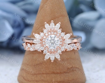 Moissanite engagement ring set vintage rose gold Unique Cluster engagement ring Half eternity marquise wedding Bridal promise ring set