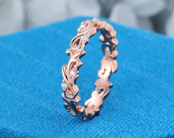 Unique Moissanite wedding band Vintage Rose gold Hollow ring Vine ring Full eternity Diamond Matching Stacking Inspired Bridal Promise ring