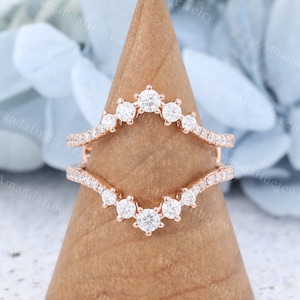 Double curved wedding band Ring enhancer Rose gold Moissanite wedding band Diamond Matching Stacking ring Bridal ring Anniversary gift