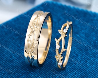 Anillo de parejas conjunto de anillos de boda de oro amarillo sólido conjunto de anillo de ramita para hombres y mujeres Banda de bodas para él y para ella Alianza de bodas de diamantes Regalo de promesa