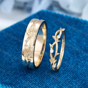 Couples ring set solid yellow gold wedding rings set twig ring for men and women His and Hers wedding band Diamond wedding band Promise gift