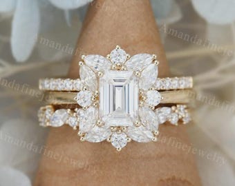 3Pcs Emerald cut Moissanite engagement ring set yellow gold Unique Art deco Cluster engagement ring vintage Bridal Anniversary ring set